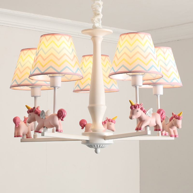 Patterned Fabric Tapered Chandelier Pendant Light Cartoon Pink Hanging Light with Unicorn Decor