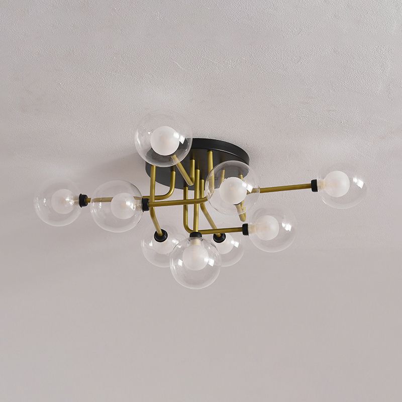 Clear Glass Sphere Semi Flush Lighting Modernism 9 Bulbs LED Ceiling Flush Mount in Gold