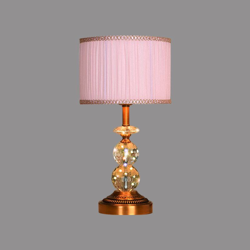 1 Bulb Pleated Fabric Night Stand Lamp Traditional Pink and White/Pink/Coffee Cylinder/Tapered Parlor Table Light with Faceted Crystal Orbs