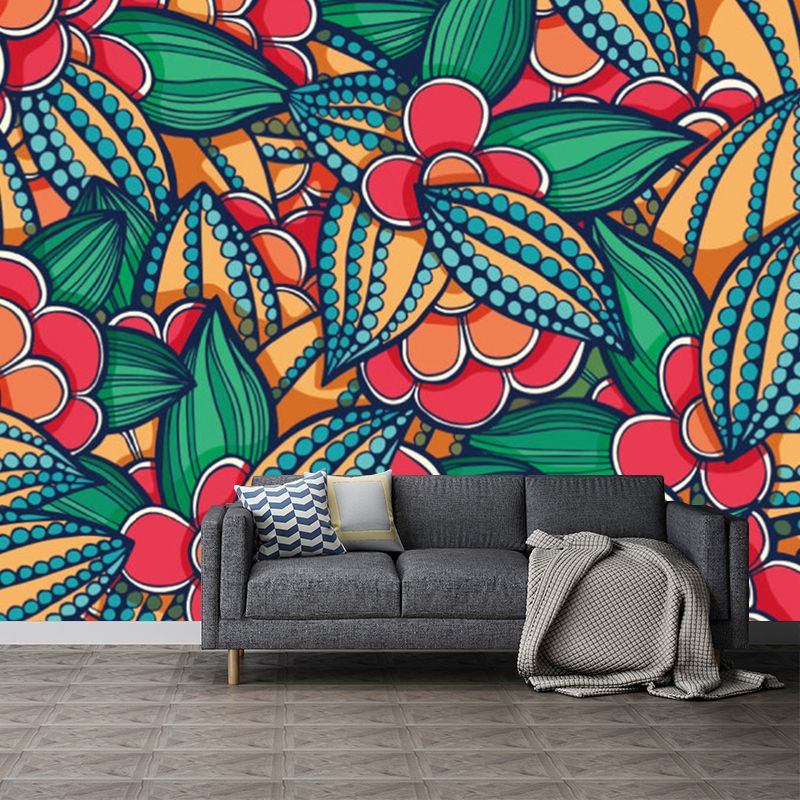 Flower Plant Mural Decal Boho-Chic Smooth Wall Covering in Multi-Color, Custom Made