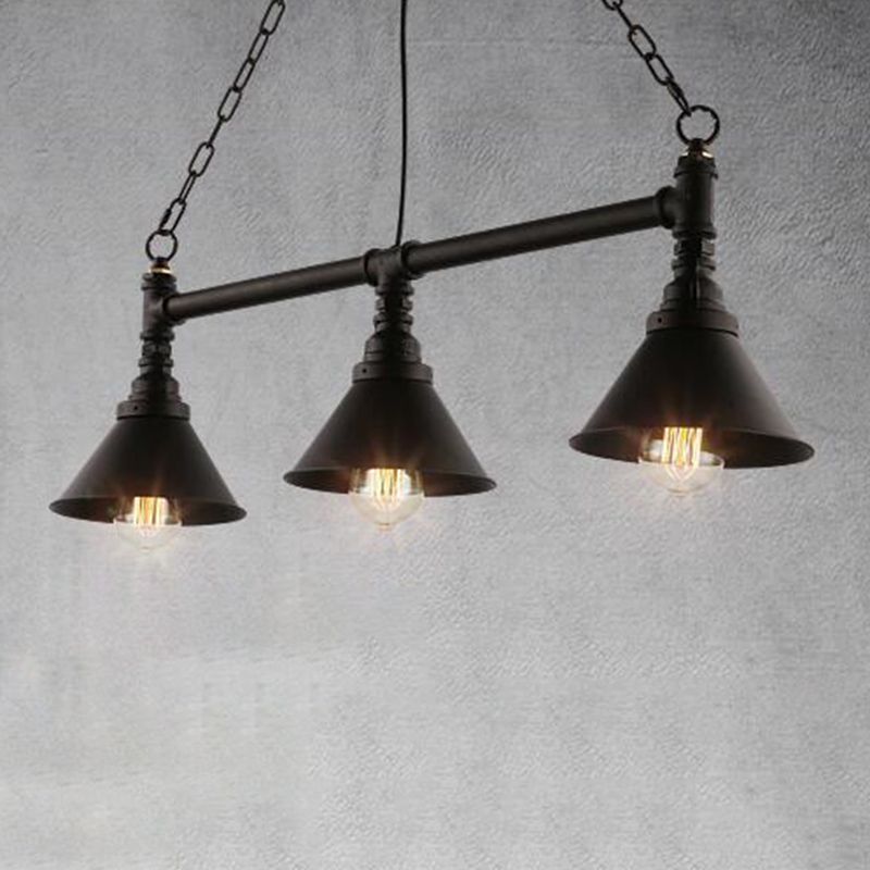 Conical Restaurant Island Light Fixture Industrial Metal 3-Head Black Hanging Ceiling Light