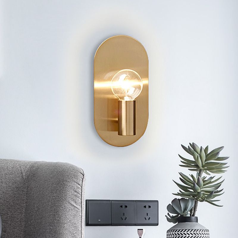 1 Light Bare Bulb Wall Sconce Minimalist Gold Finish Metallic Wall Lamp with Oval Backplate