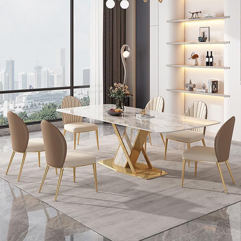 Glam Dining Rectangle Table Sintered Stone Table with Metal Legs for Kitchen