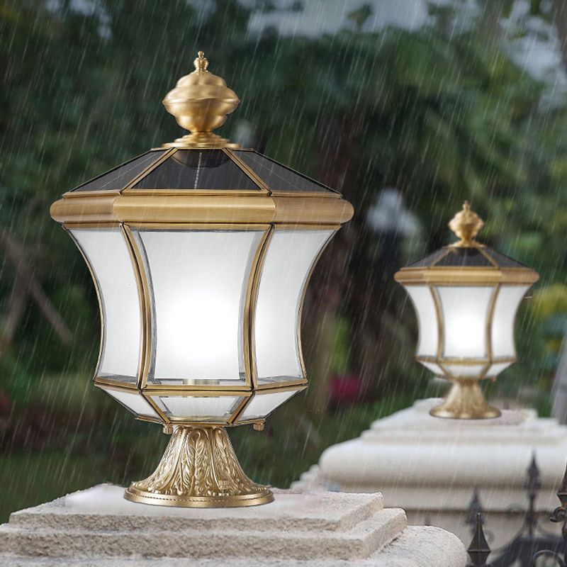 Drum Shape Metal Outdoor Lamp Modern Style 1 Light Solar Pillar Lights in Brass
