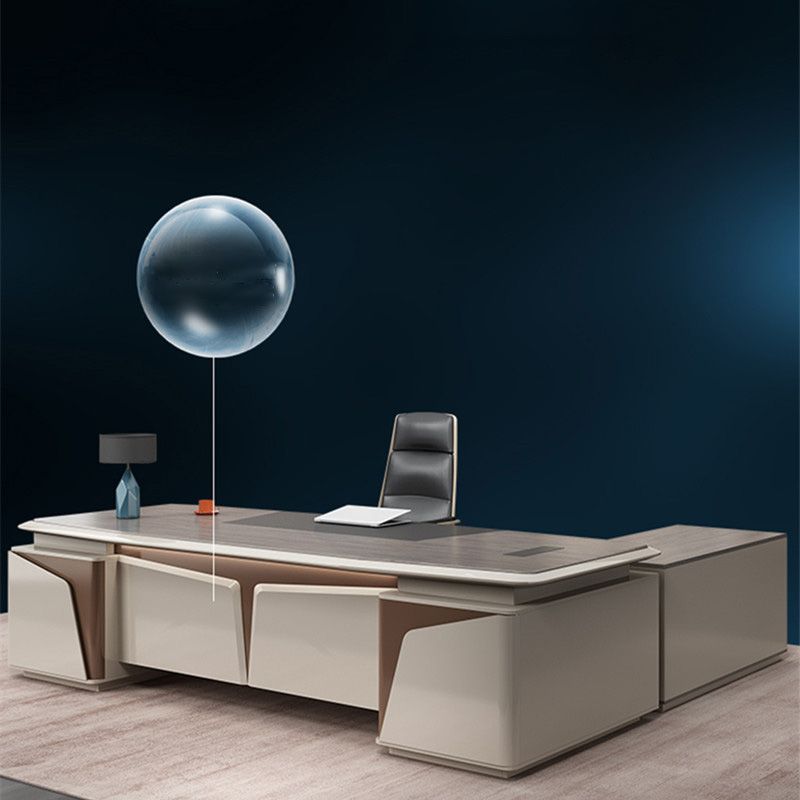 Dark Taupe Office Desk Glam Pedestal Rectangular Writing Desk with Drawers