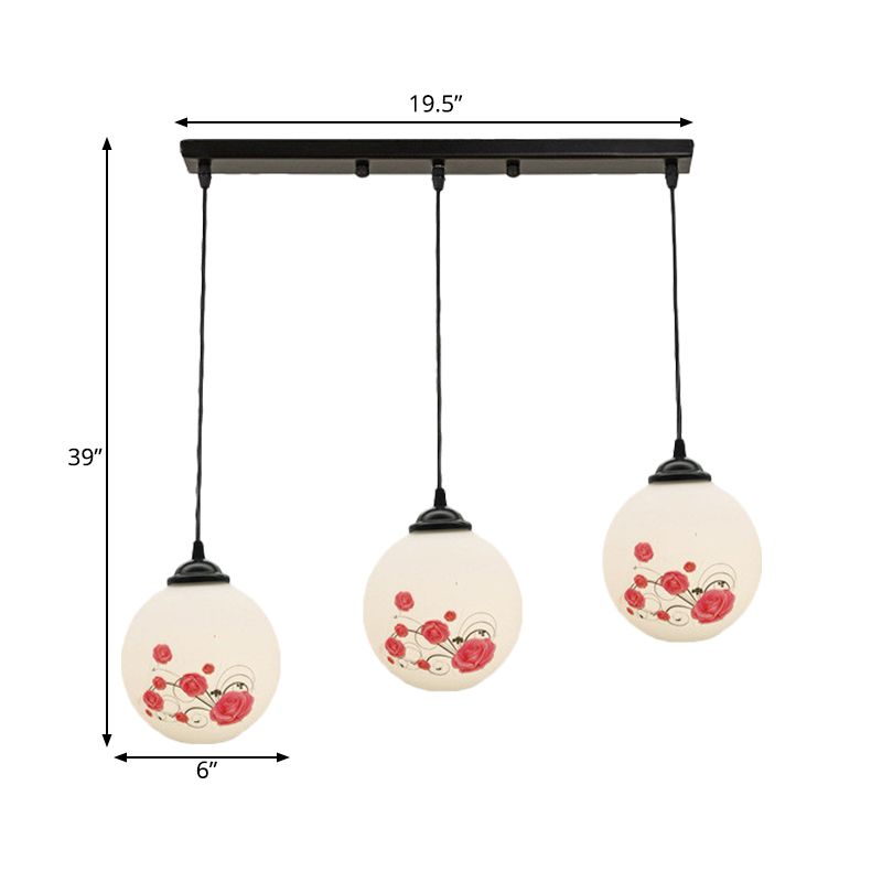 3 Heads Orb Multi-Pendant Modernism Black Finish White Frosted Glass Hanging Light Kit with Flower Pattern and Round/Linear Canopy