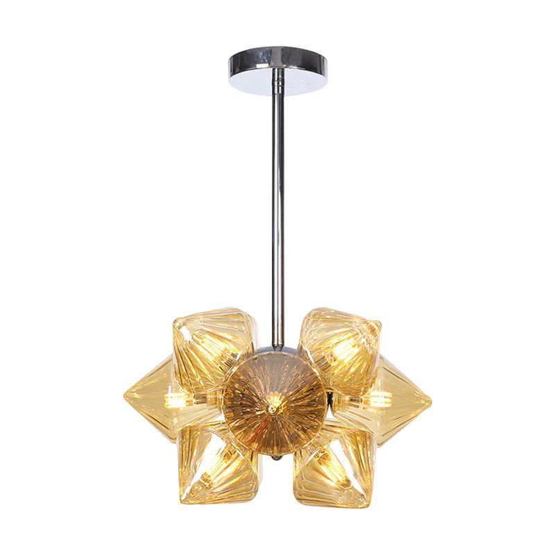 Chrome Diamond Chandelier Lamp Contemporary 9/12 Bulbs Amber Glass Hanging Ceiling Lamp