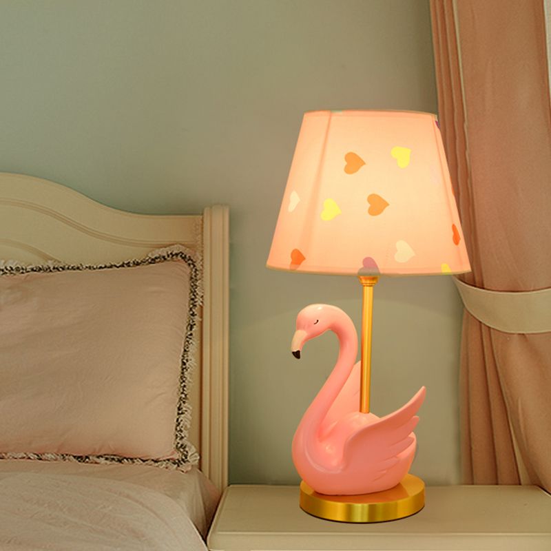Bucket Shade Patterned Fabric Nightstand Lamp Kids Style Single Table Lighting with Decorative Swan