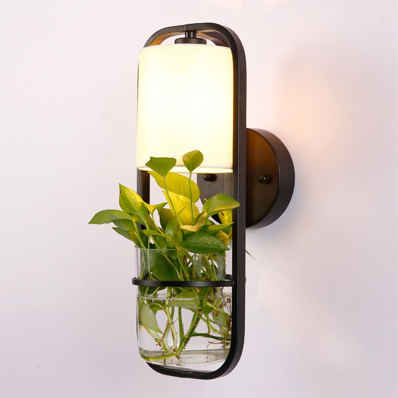 Fabric Black Wall Sconce Cylindrical 1 Head Industrial Wall Lamp with Rectangle Cage and Plant Container