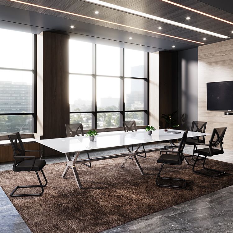 Steel Contemporary Rectangular Dining Table Glass Top Dining Table for Dining Room