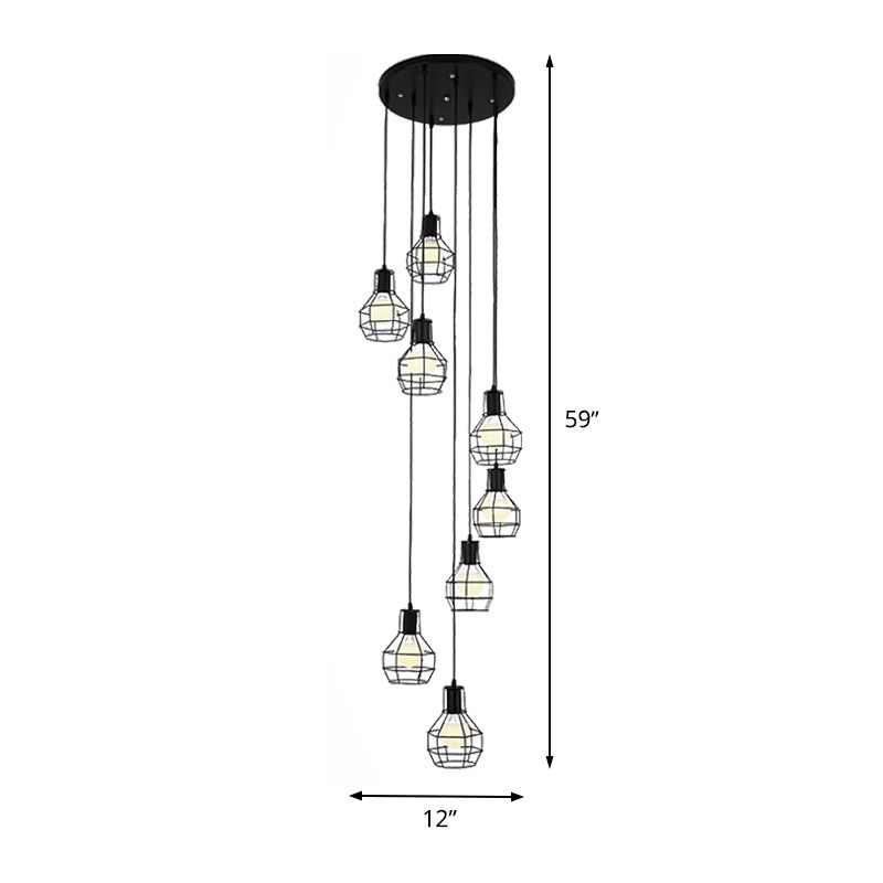 6 bulbos Globe Cage Hanging Lighting Industrial Black Metal Multi Light Pendse con diseño de espiral