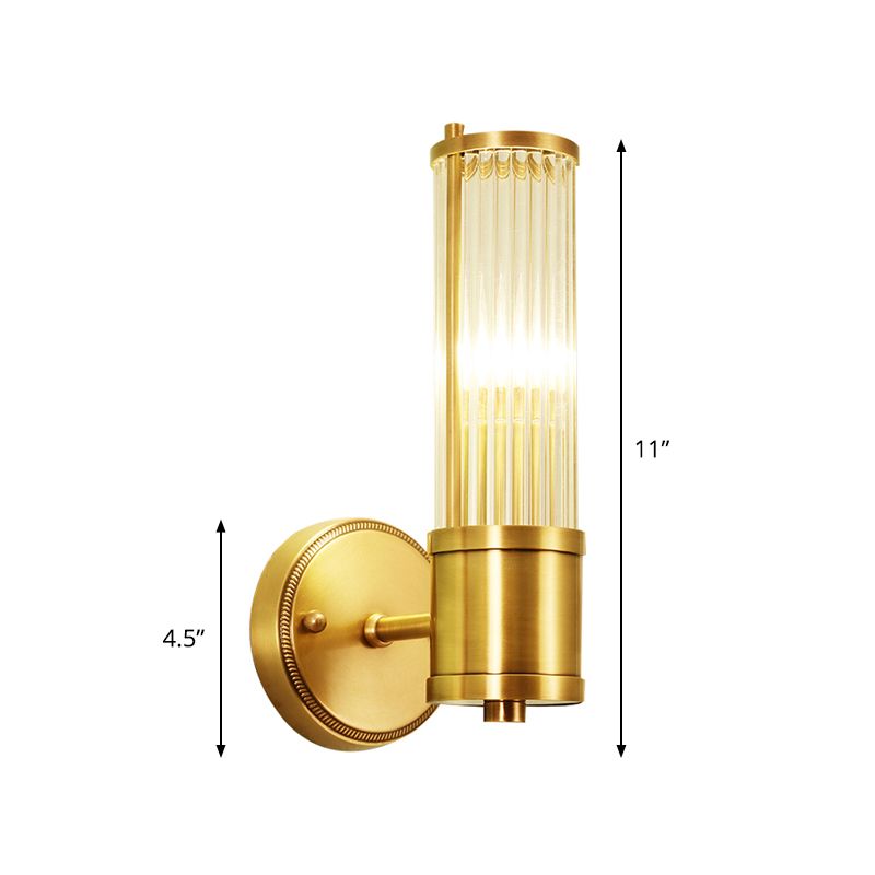 Ribbed Crystal Pole Wall Lamp Traditional 1/2-Light Bedroom Wall Sconce Lighting in Brass