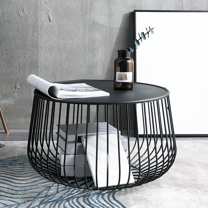 Mid-century Modern Round Iron Coffee Table, Brass/Black Frame Cocktail Table with Storage