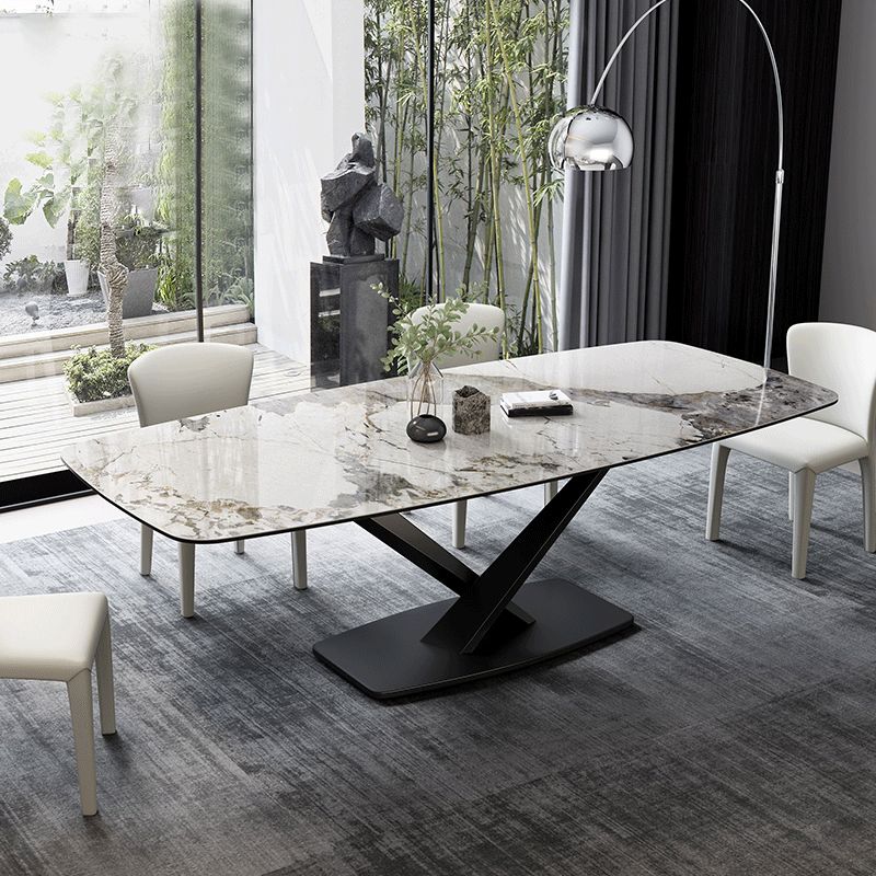 Modern Rectangular White Top Dining Table with Black Metal X-Base