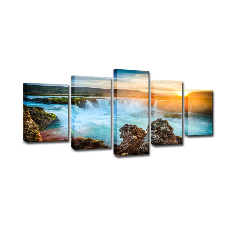 Amazing Iceland Cascades Canvas Art House Interior Sunset Landscape Wall Decor in Blue