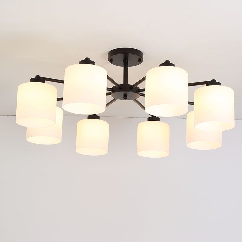 Cylinder Shaped Bedroom Ceiling Lighting Rustic Opal Glass Black Finish Chandelier Light
