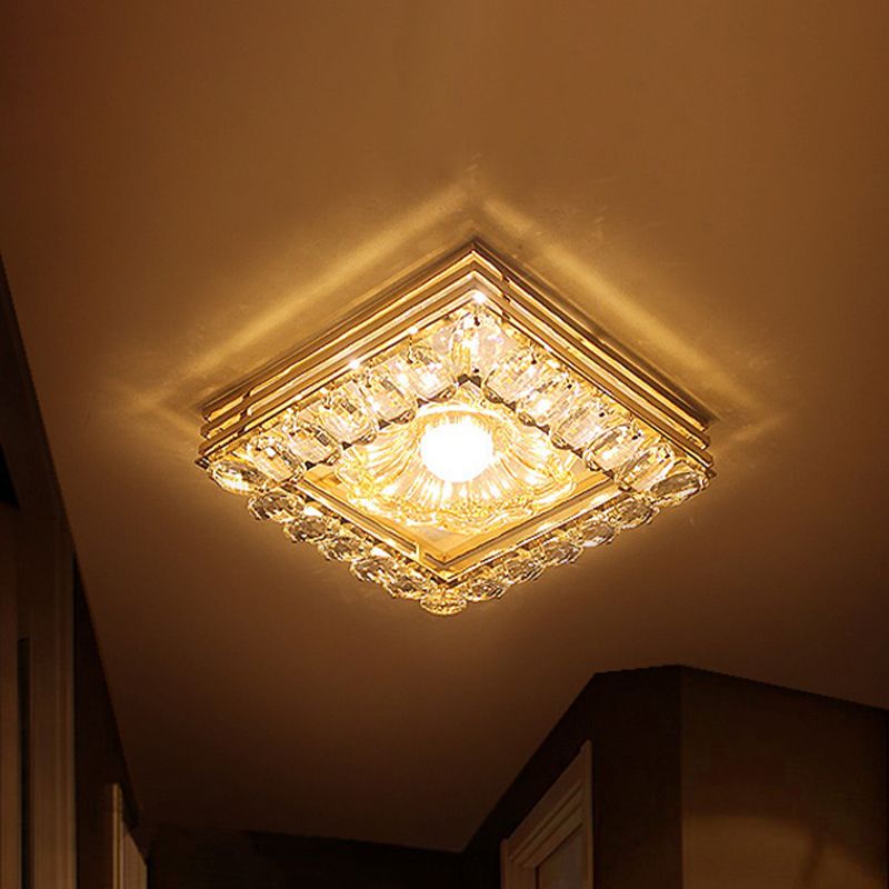 Minimal Round/Square Ceiling Lamp LED Faceted Crystal Flush Mount Fixture in Gold with Flower Shade
