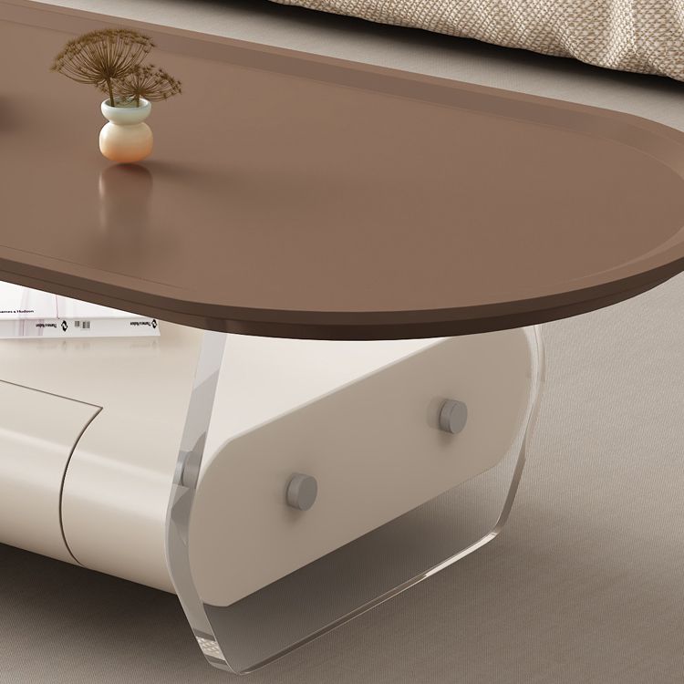 Brown Elliptical Coffee Table 15.7" H 1-Shelf & 1-Drawer Cocktail Table with Acrylic Legs