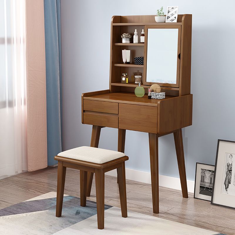 Solid Wood Vanity Table Set 3-Drawer Makeup Vanity Table with Mirror and Stool