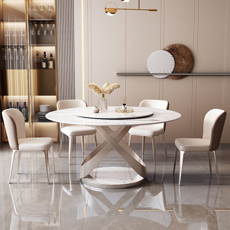 Round Pedestal Table Contemporary Style Stone Dining Site Table with Turntable