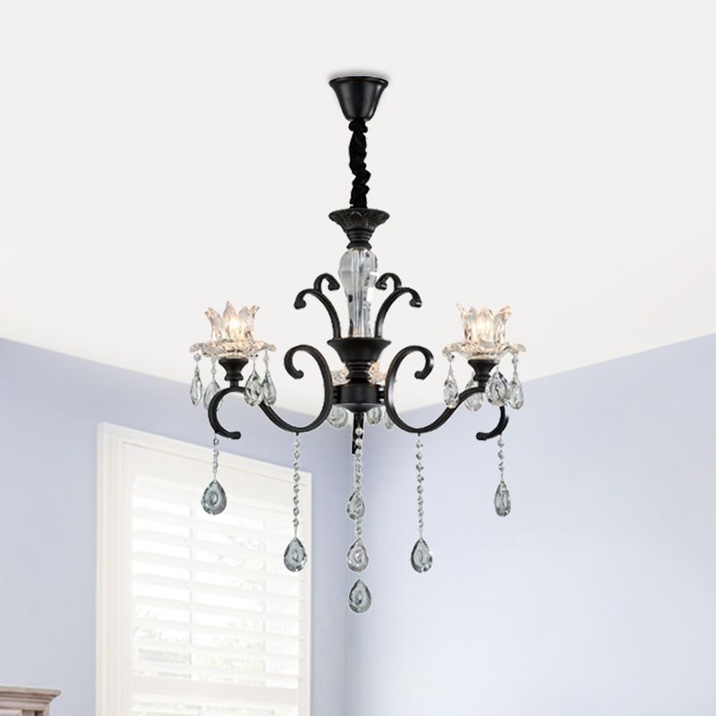 3/6 hoofden wervelde arm kroonluchter traditionele zwarte metalen hangende lamp met heldere kristallen tulpenschaduw