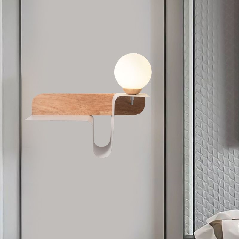 Orb Opal Frosted Glass Sconce Ideas Nordic 1 Bulb White-Wood Wall Mounted Lamp with Shelf, Left/Right
