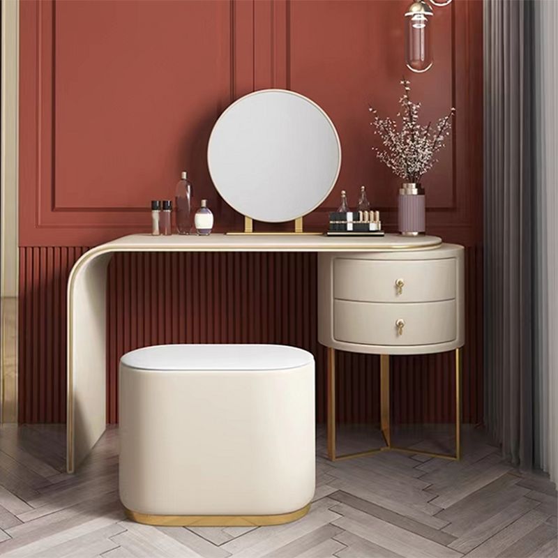 2 Drawers Vanity Set with Stool and Mirror Genuine Leather Makeup Vanity Table for Women