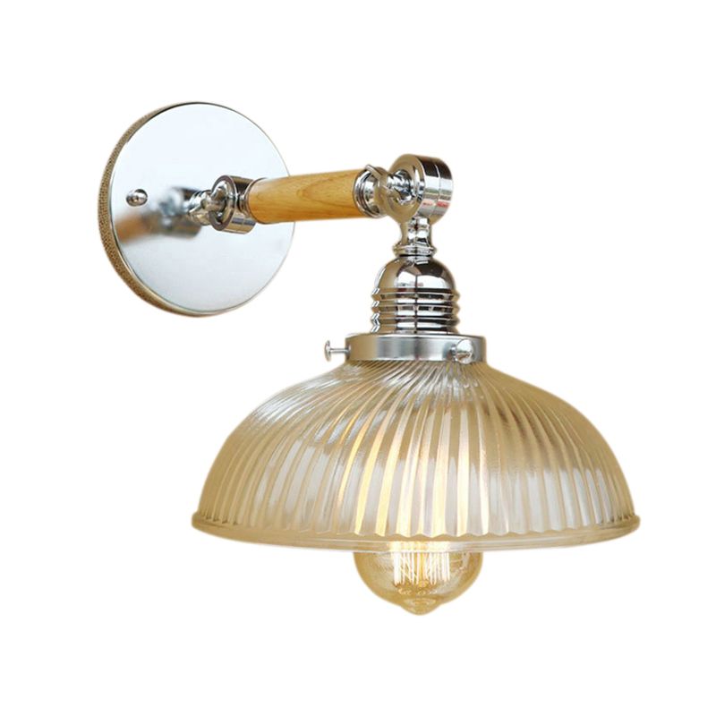 Domed Living Room Wall Light Fixture Antique Stylish Ribbed Glass 1 Light Clear Sconce Lamp for Corridor, 8"/4"/6" L Wooden Arm