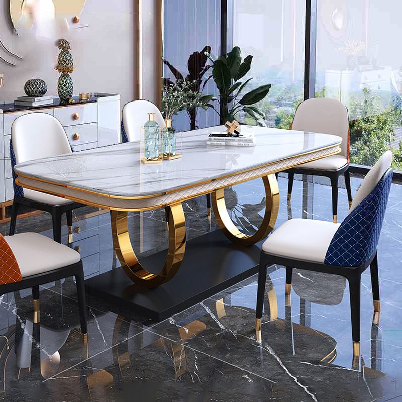 Stone Top Dining Table Traditional Luxury Table with Pedestal in Gold