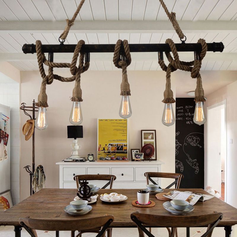 3/5 Heads Open Bulb Island Pendant Warehouse Beige Metal Hanging Ceiling Light for Dining Room with Rope Wrapped Accent