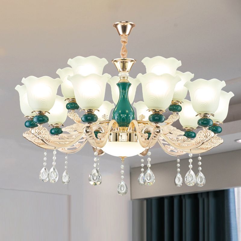 Traditional Ruffle Bell Suspension Light Cream Glass Chandelier Light with Hanging Crystal in Green