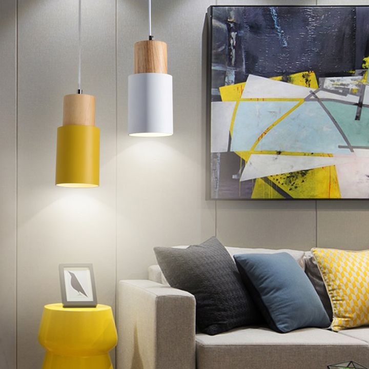 Macaron minimaliste moderne Lampe suspendue en bois de la lampe cylindrique avec une teinte en aluminium