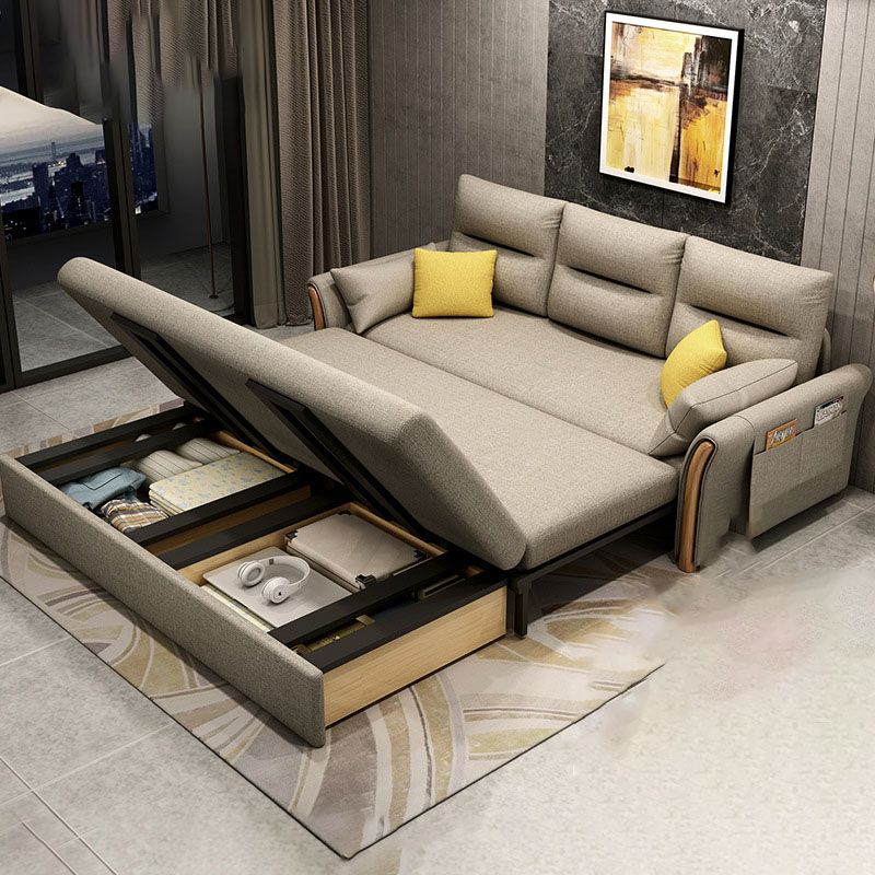 Convertible Contemporary Flared Arm Linen Sofa Bed with Storage in Brone