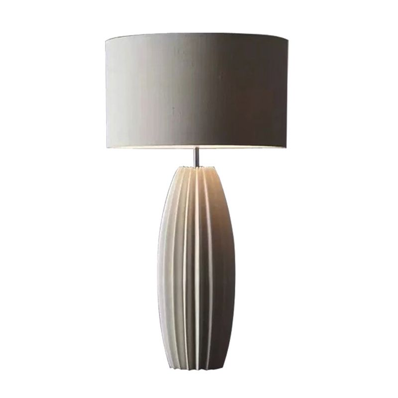 Modern 1-Light Ceramics Night Light with Fabric Shade Grey Finish Drum Nightstand Lamp