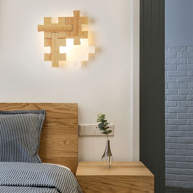 Jigsaw Puzzle Wall Mount Lamp Creative LED Wooden and Acrylic Shade Sconce Light for Bedroom