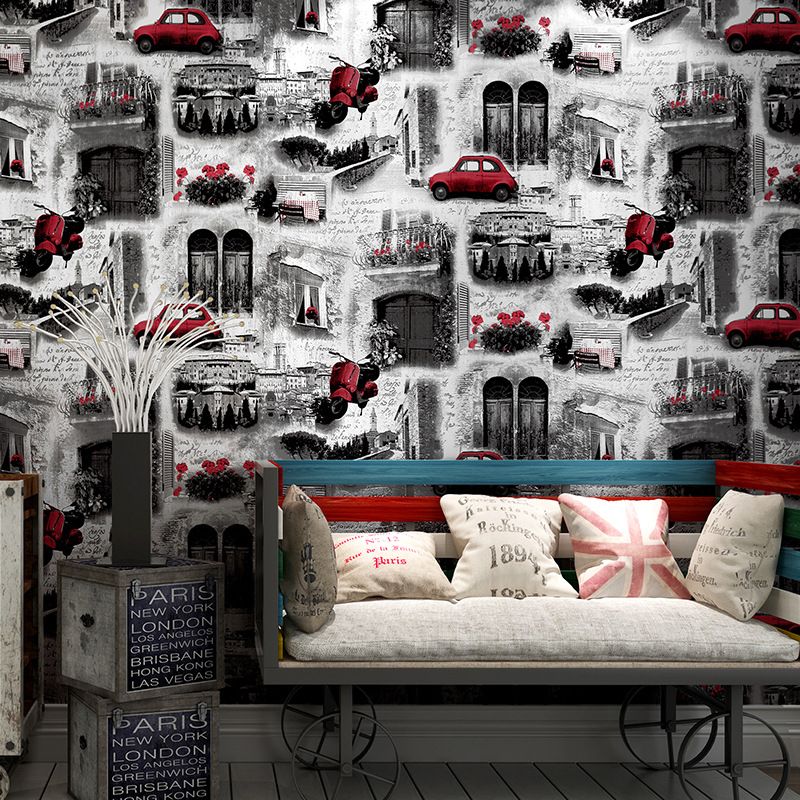 Vintage European Streets Wallpaper Flowers and Buildings and Waterproof Non-Pasted Wall Decor, 31' by 20.5"