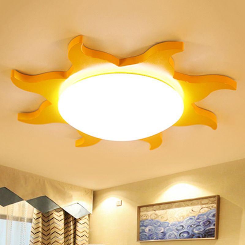 Sun Shaped Flush Ceiling Light Cartoon Wood Acrylic Ceiling Light for Kindergarten