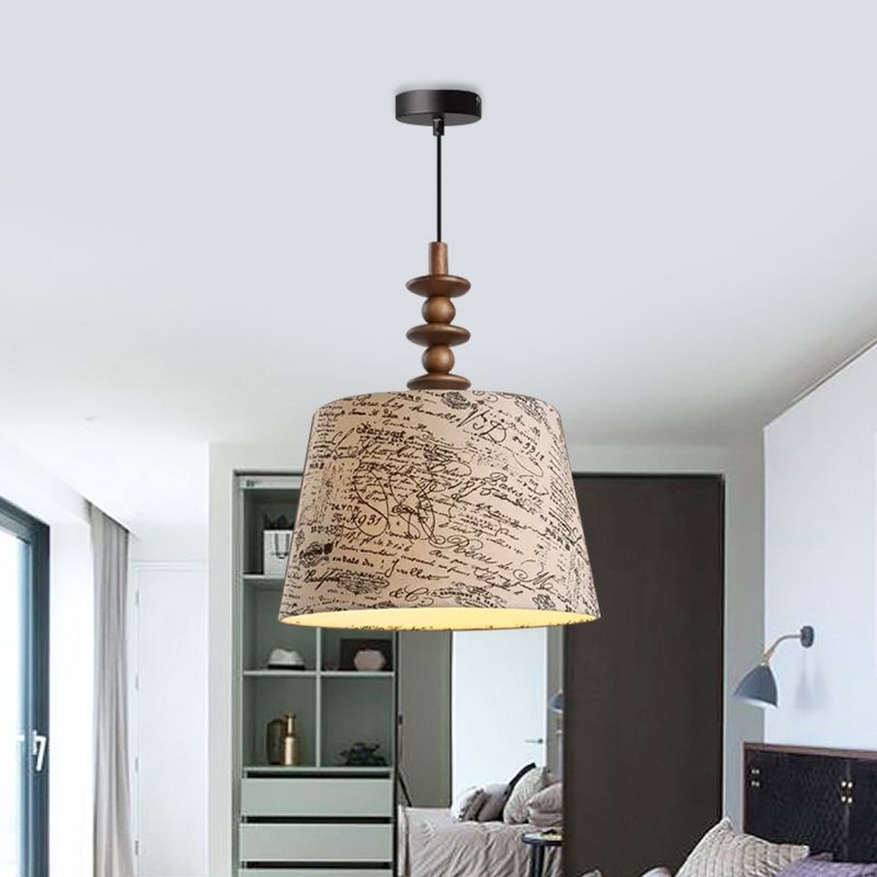 1 Bulb Fabric Suspension Light Countryside Fabric White Conical Script Printing Dining Room Drop Pendant