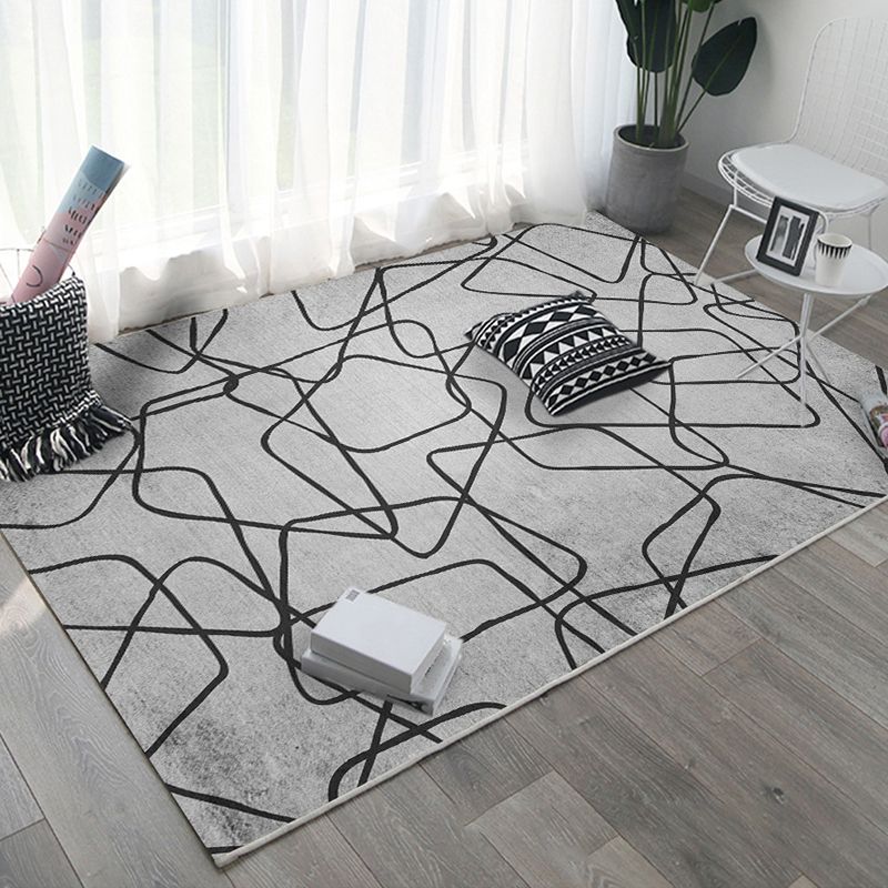 Gray Modern Rug Polyester Irregular Line Rug Washable Rug for Home Decor