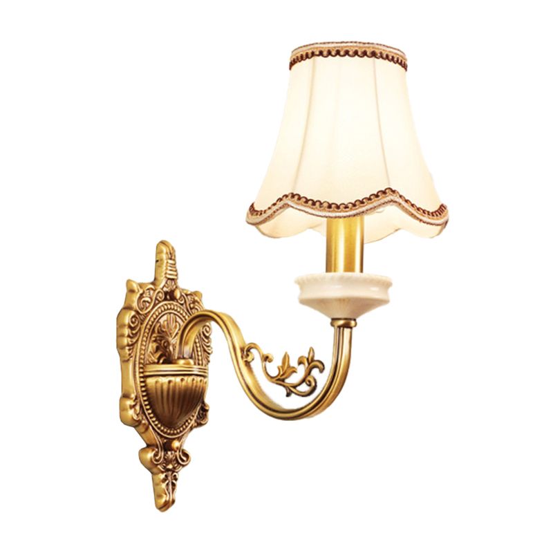 1/2-Light Fabric/White Glass Wall Lamp Traditional Gold Scalloped/Tapered/Curved Bedside Wall Mounted Light Fixture