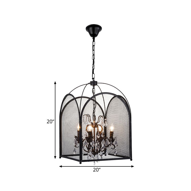 Vintage Candle Hanging Pendant 4 Lights Metal Ceiling Chandelier in Black with Crystal Drop