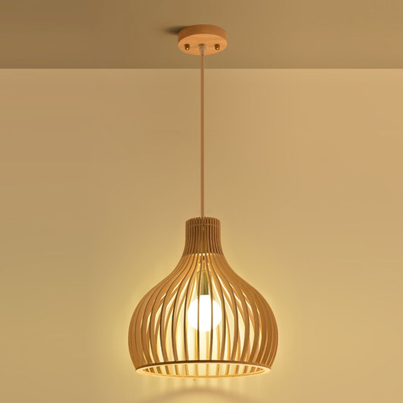 Holz geometrische Form Deckenleuchte chinesischer Stil Single -Anhänger für Esszimmer