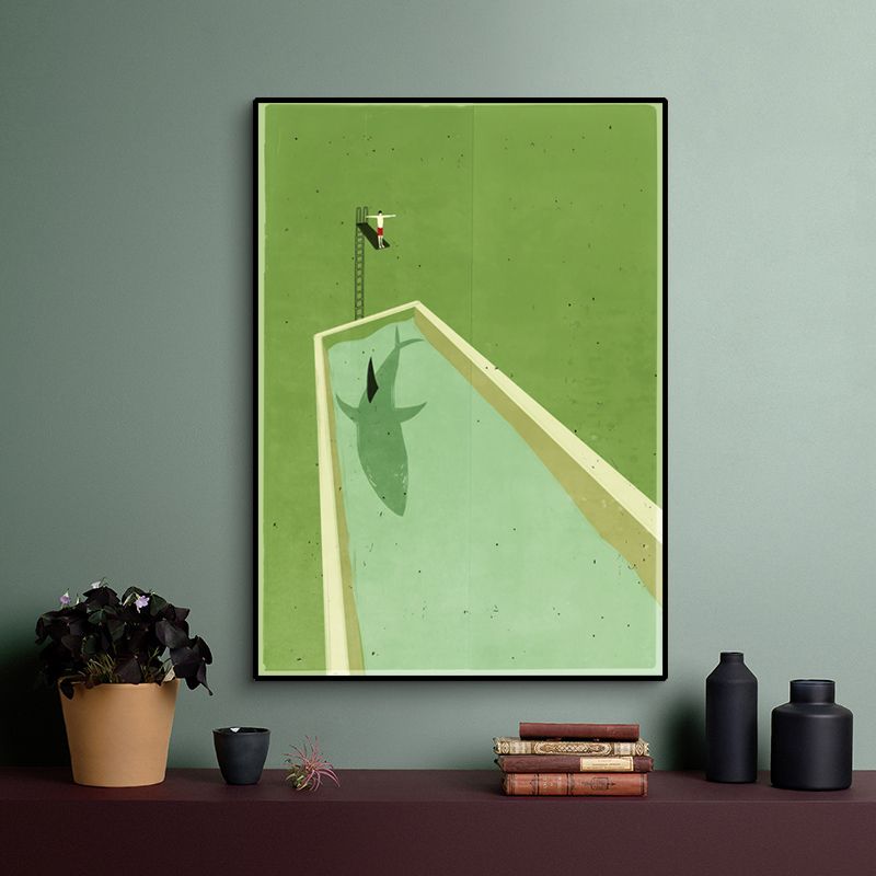 Canvas Textured Painting Scandinavian Diving and Shark Wall Decor in Green for Hallway