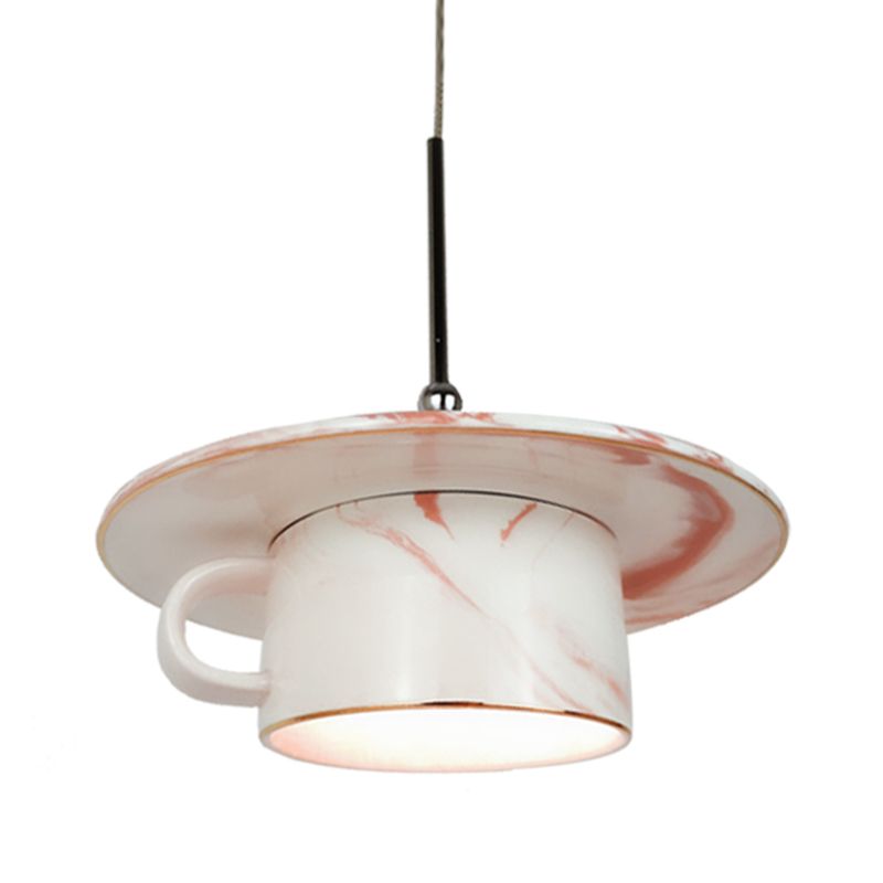 Pink Coffee Tasse Anhänger Deckenleuchte Nordische 1-Kugel-Keramik-LED-Federung für das Restaurant