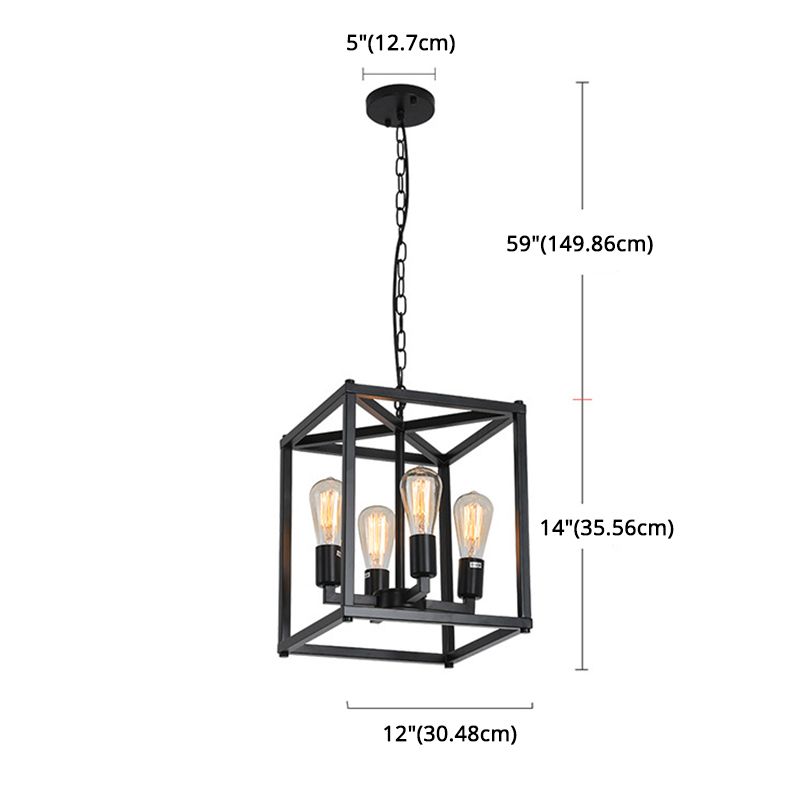 Black Cage Hanging Lamp Industrial Retro Metal Diner Pendant Chandelier in Square Shape