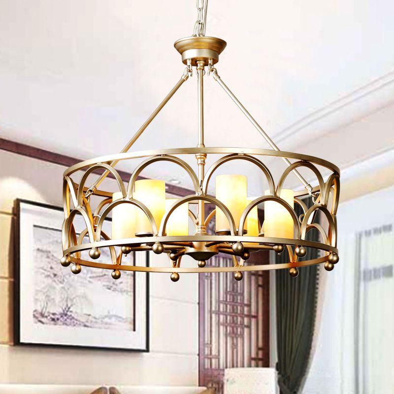 8 lichten marmeren hanger kroonluchter traditionele gouden cilindrische slaapkamer plafondlamp met ronde kooi