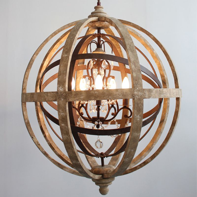4 Bulbs Chandelier Pendant Light Vintage Sphere Distressed Wood Hanging Light for Dining Room