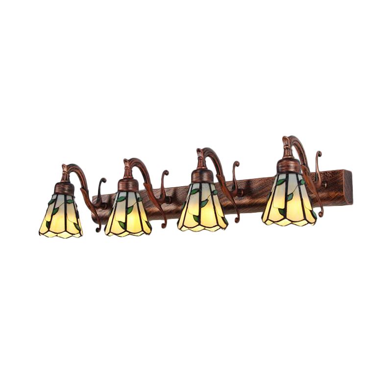 Rustic Bathroom Lighting with Leaf Pattern Stained Glass 4 Lights Wall Sconce Lamp in Copper/Antique Brass/Beige