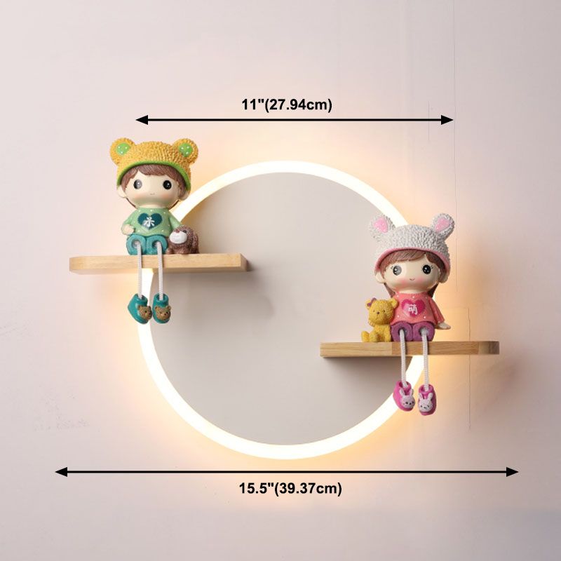 LED Circle Wall Sconce Nordic Wooden Kids Bedroom Wall Light with Shelf and Figurine