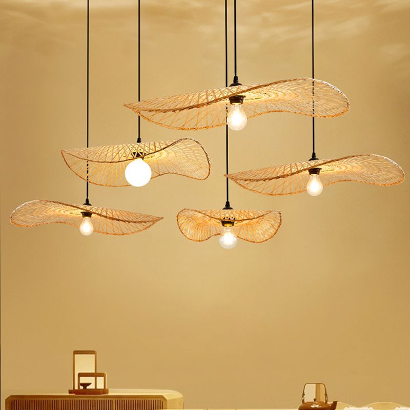 Wood Lotus Leaf Ceiling Light Modern Single Bamboo Hanging Pendant Light for Restaurant